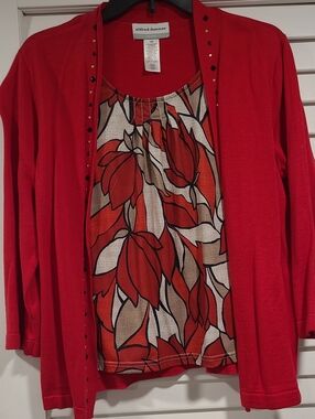 Alfred Dunner Red Cardigan with Red & Cream Floral Shell